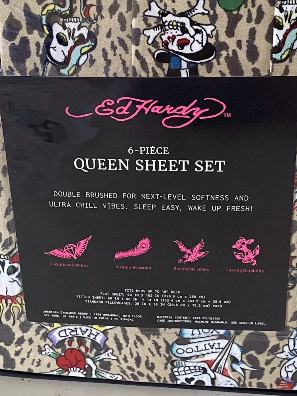 6 PC Ed Hardy QUEEN SIZE Sheet Set Skulls‎ Heart Leopard Animal Print NEW